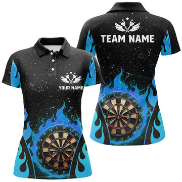 Custom Personalized Blue Darts Flaming Women Darts Polo Shirts Custom Team Jersey Darts League Shirts
