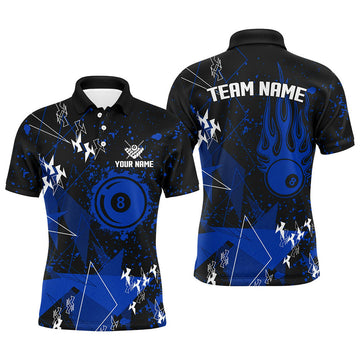 Personalized Blue Grunge Billiard Men Polo Shirts, Best Custom Billiard Jerseys For Pool Player