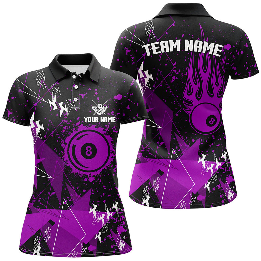 Custom Personalized Purple Grunge Billiard Women Polo Shirts, Best Custom Billiard Jerseys For Pool Player