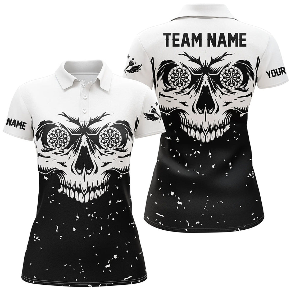 Custom Grunge Black White Skull Darts Women Polo Shirts, Personalized Team League Darts Shirts