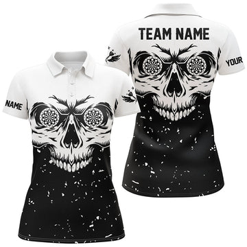 Custom Grunge Black White Skull Darts Women Polo Shirts, Personalized Team League Darts Shirts