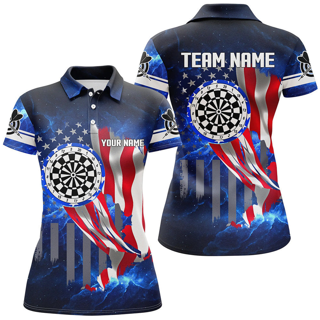 Custom American Flag Darts Board Blue Galaxy Women Darts Polo Shirts Custom Patriotic League Darts Jersey