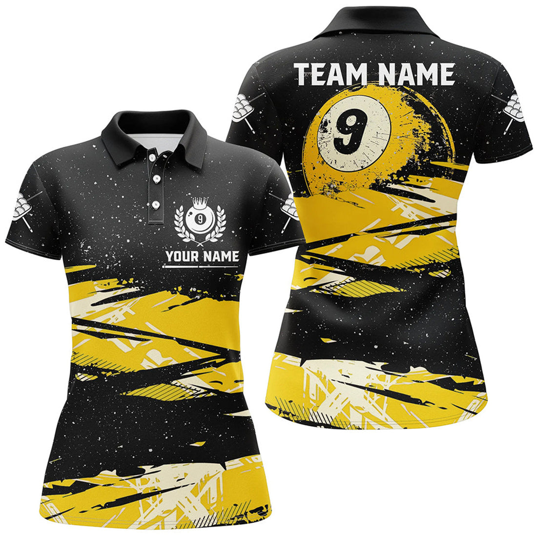 Custom Yellow Grunge Billiard 9 Ball Pool Women Polo/ s, 9 Ball Billiard Jerseys