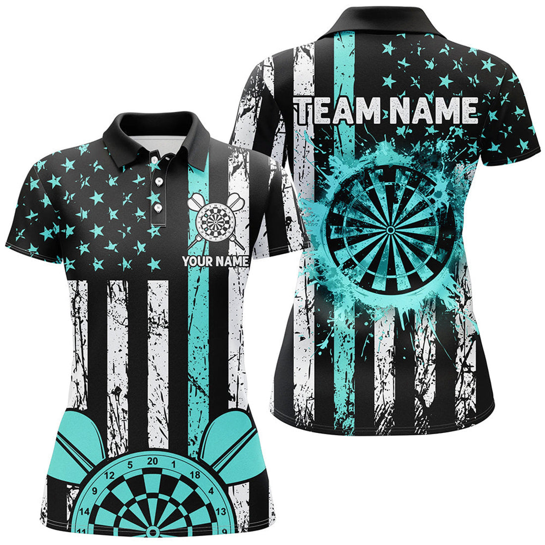Custom Turquoise Grunge US Flag Patriotic Darts Shirts For Women, Darts Tournament Jersey Retro Style