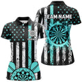 Custom Turquoise Grunge US Flag Patriotic Darts Shirts For Women, Darts Tournament Jersey Retro Style