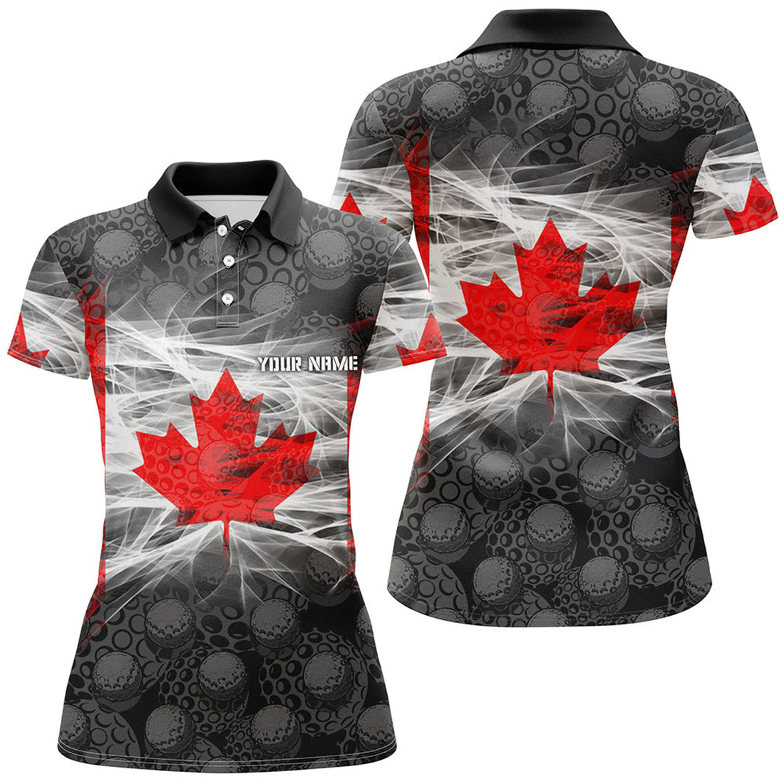 Custom Black Womens Golf Polo Shirts Red Canada Leaf Custom Patriotic Canadian Flag Golf Shirts For Ladies