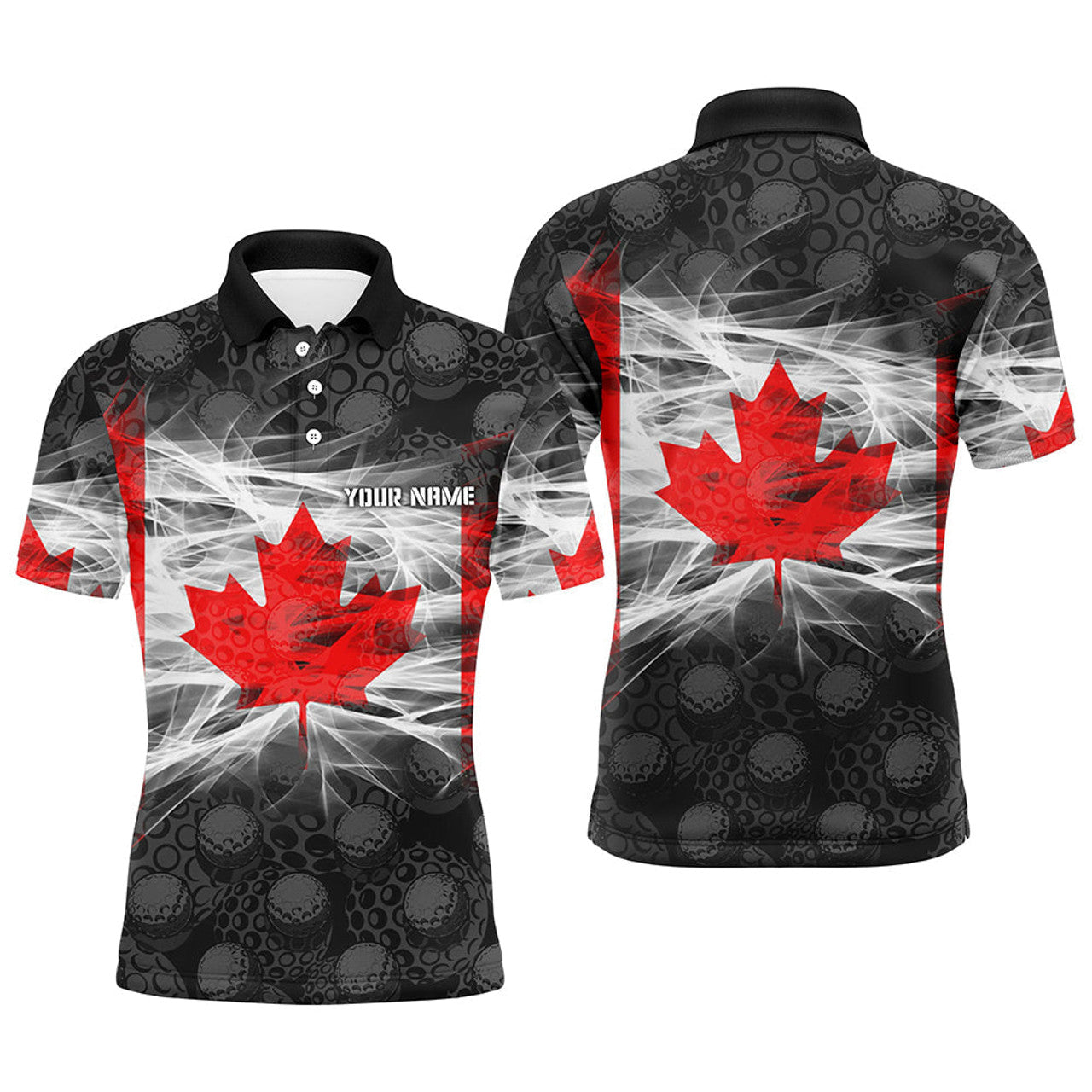 Custom Black Mens Golf Polo Shirts Red Canada Leaf Custom Patriotic Canadian Flag Golf Shirts For Men