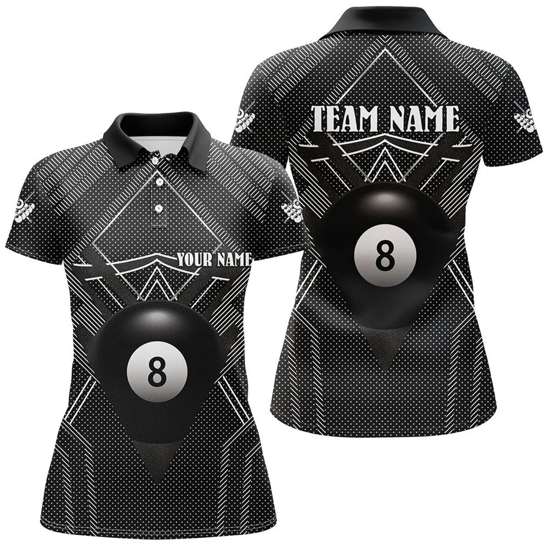 Custom Personalized Black Billiards Jerseys Women Polo Shirts, Best Custom 8 Ball Pool Billiard Outfit