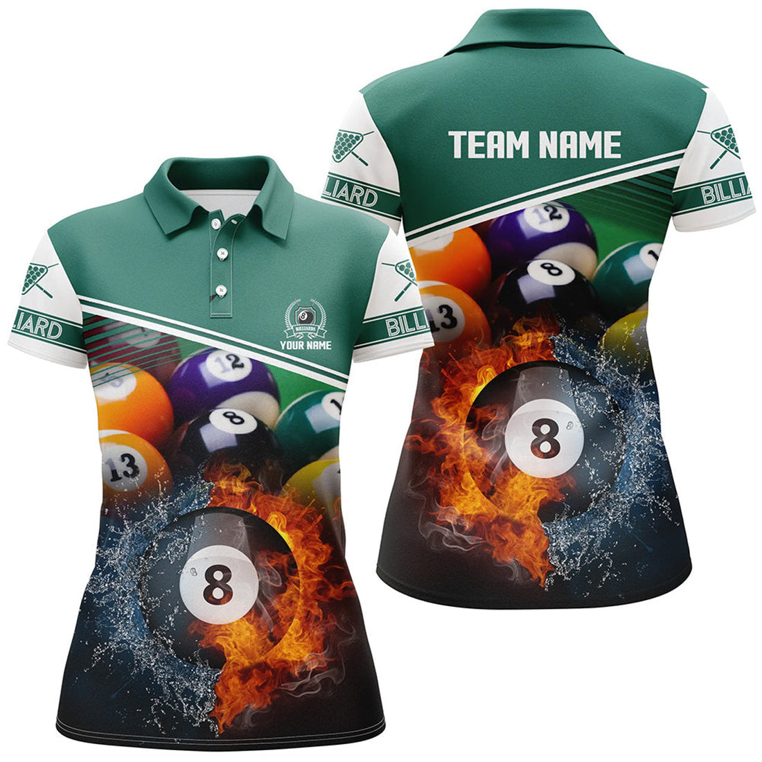Custom Name Billiard 8 Ball In Fire And Water 3D Polo Shirts For Women, Gifts For Billiard Player