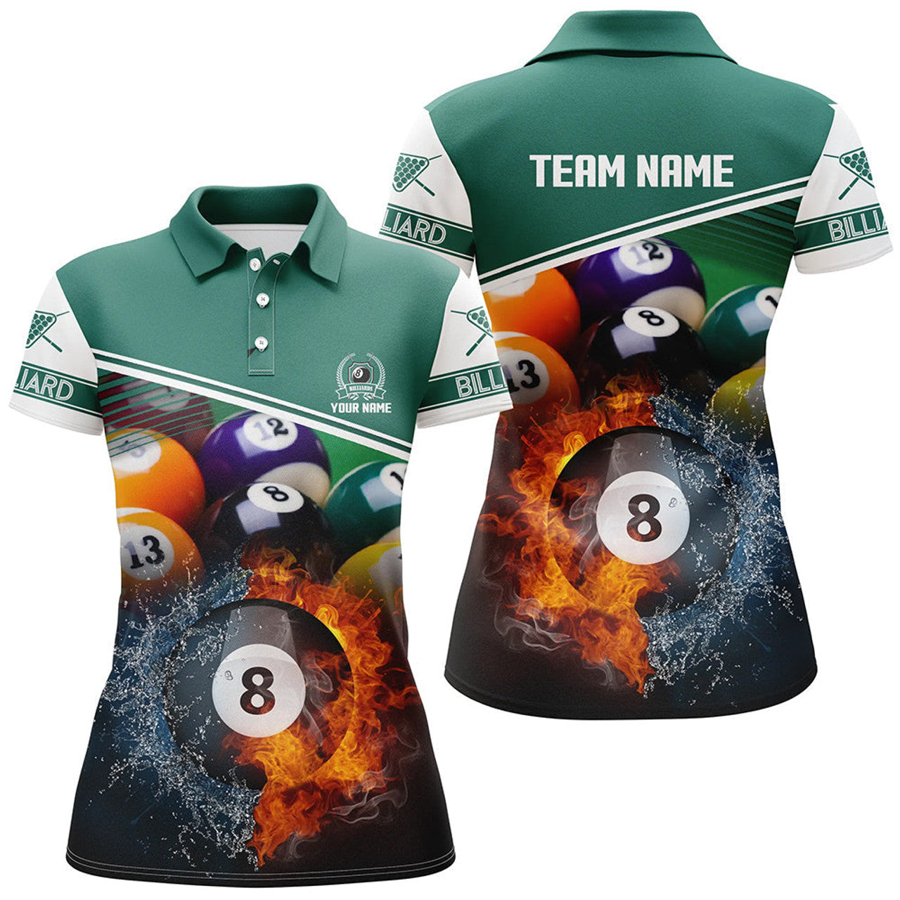 Custom Name Billiard 8 Ball In Fire And Water 3D Polo Shirts For Women, Gifts For Billiard Player