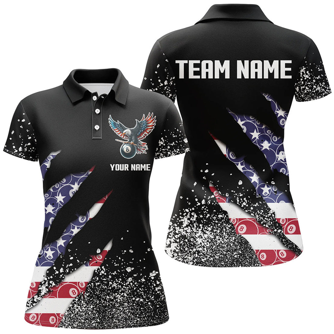 Custom Ball 8 US Flag Black Grunge Women Billiard Polo Shirt Best Billiard Team