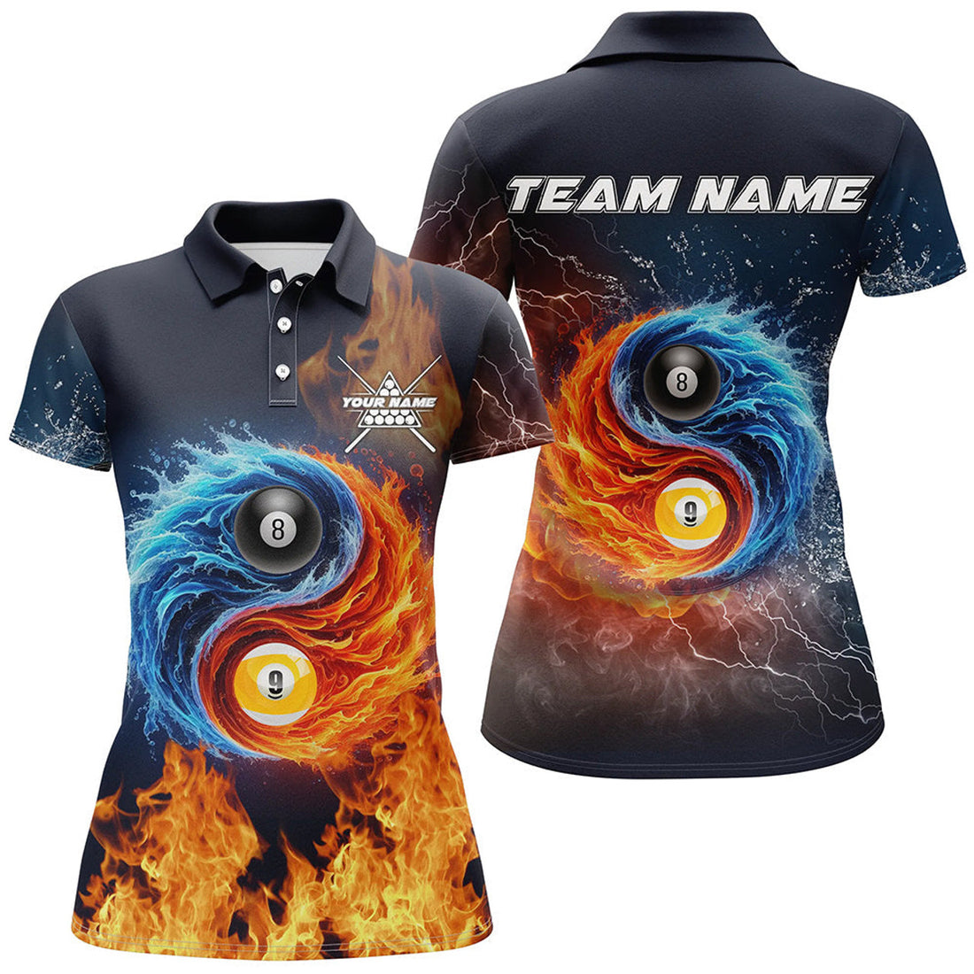 Custom Personalized Billiard 8 Ball & 9 Ball 3D Water And Fire Women Polo Shirts, Billiard Attire Jerseys