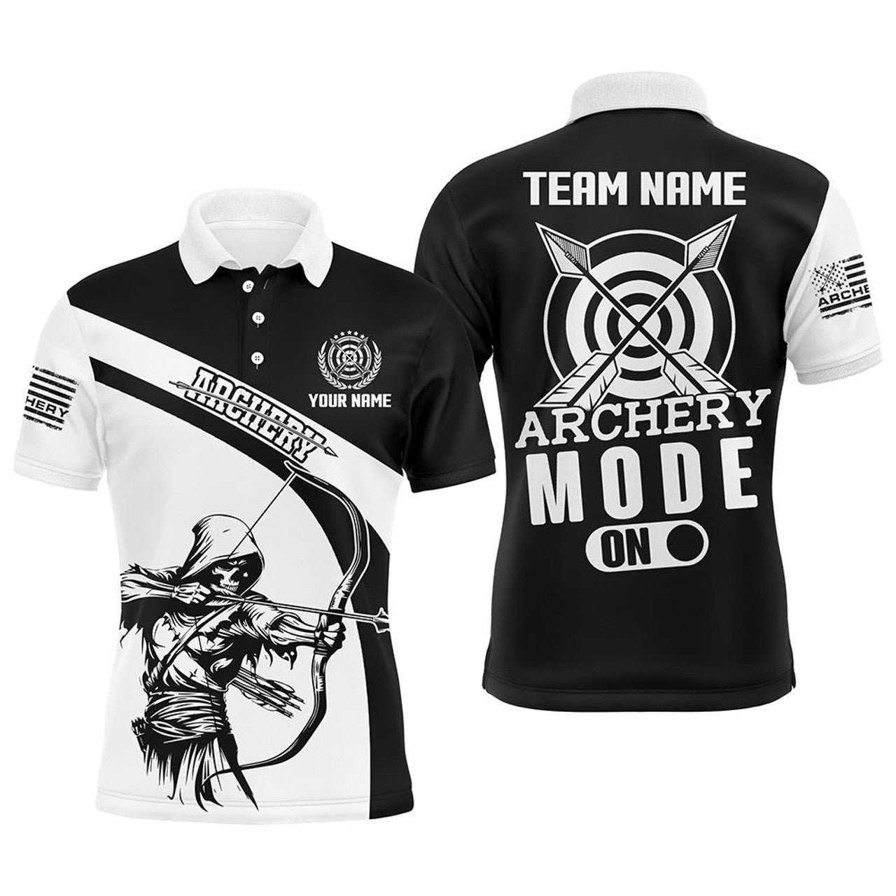 FUNSTUFFPRINT Personalized Funny Death Archery Player Men Polo Shirts Custom Black White Archery Polo Shirt Size S-5XL