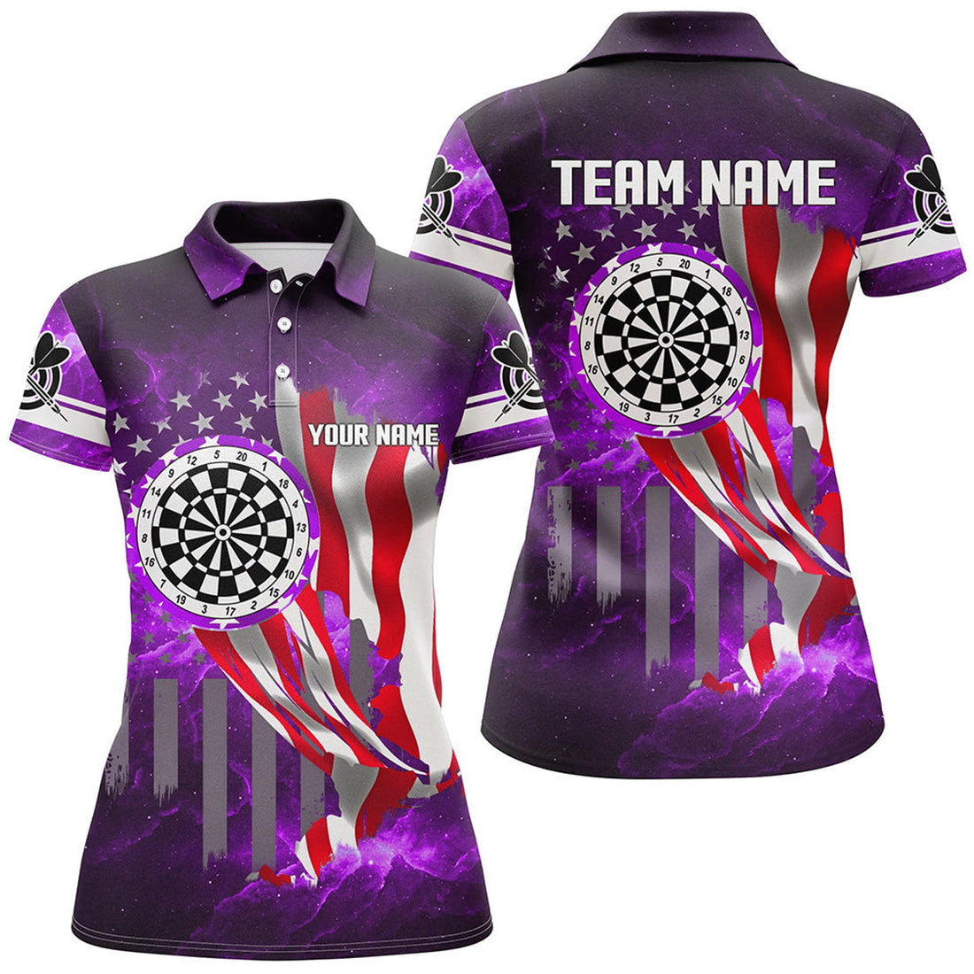 Custom US Flag Dartboard Purple Galaxy Women Polo Shirts Custom Patriotic Darts League Jerseys