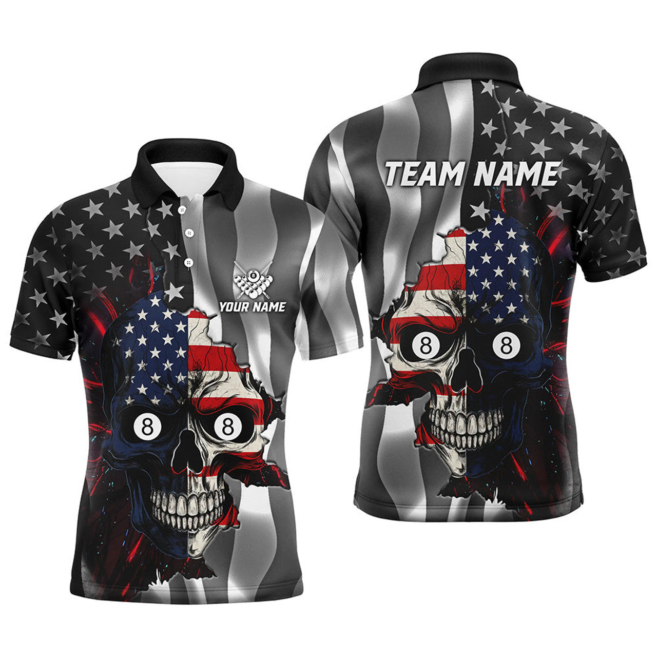 FUNSTUFFPRINT Personalized Billiard Skull American Flag Men Polo Shirts Custom Patriotic Billiard Jerseys Attire Polo Shirt Size S-5XL