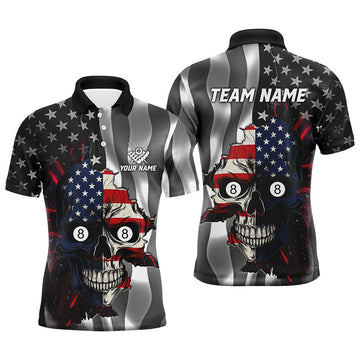 FUNSTUFFPRINT Personalized Billiard Skull American Flag Men Polo Shirts Custom Patriotic Billiard Jerseys Attire Polo Shirt Size S-5XL