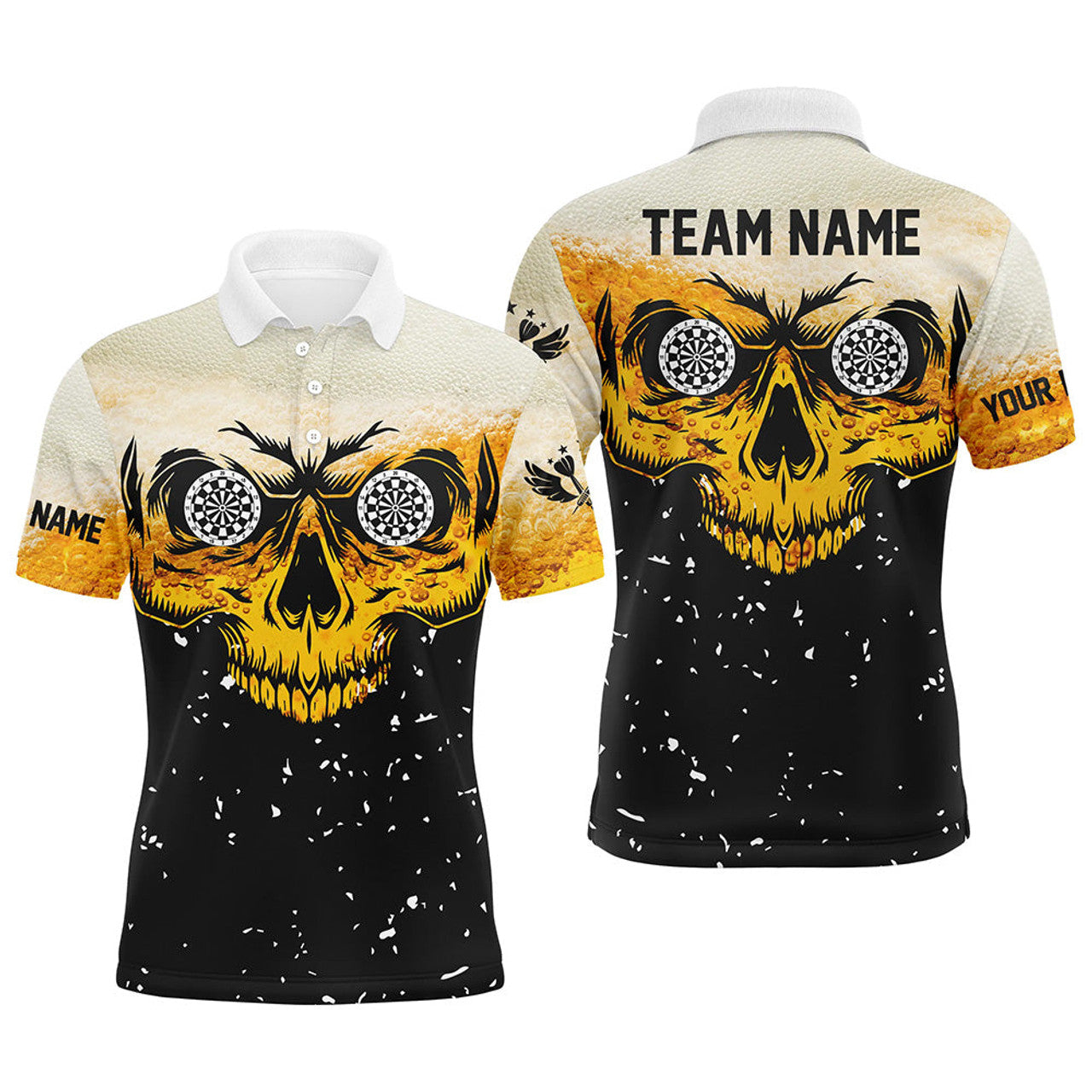 FUNSTUFFPRINT Custom Grunge Yellow Black Skull Darts , Polo Shirt Size S-5XL