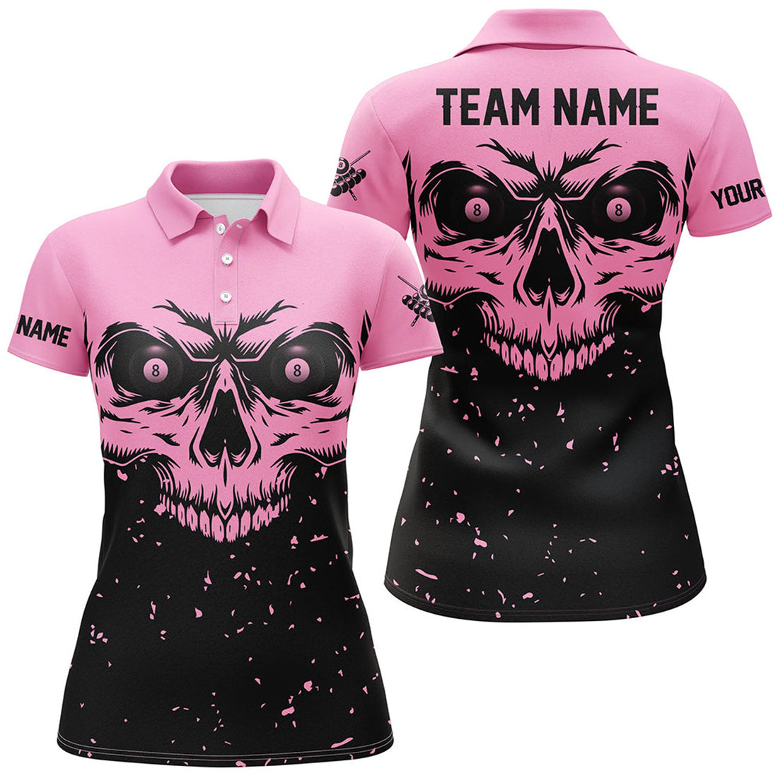 Custom Grunge Pink Black Skull Billiard Women Jerseys Shirts, 8 Ball Billiards Apparel Clothing