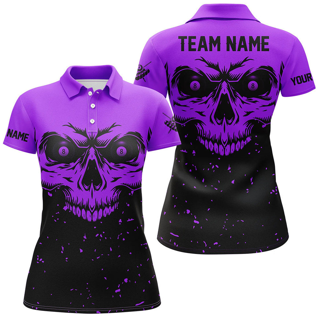 Custom Grunge Purple Black Skull Billiard Women Jerseys Shirts, 8 Ball Billiards Apparel Clothing