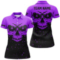 Custom Grunge Purple Black Skull Billiard Women Jerseys Shirts, 8 Ball Billiards Apparel Clothing