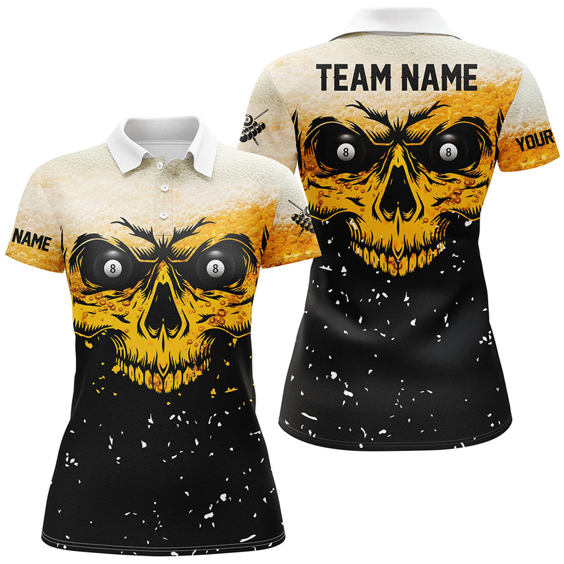 Custom Grunge Yellow Black Skull Billiard Women Jerseys Shirts, 8 Ball Billiards Apparel Clothing