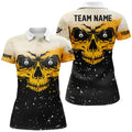Custom Grunge Yellow Black Skull Billiard Women Jerseys Shirts, 8 Ball Billiards Apparel Clothing