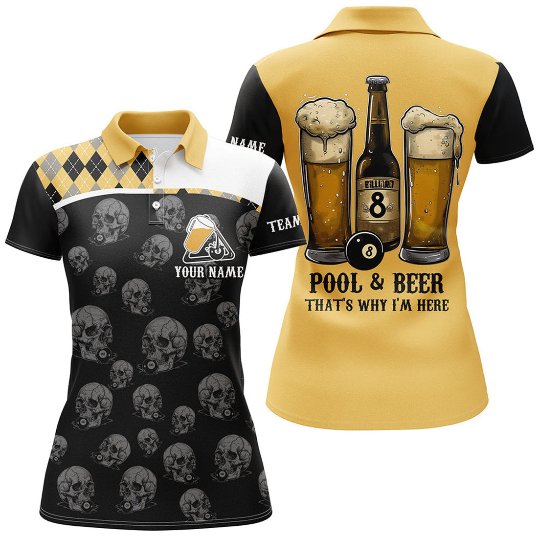 Custom Pool & Beer That's Why I'm Here Custom Women Billiard Shirts, Yellow Black Drinking Billiard Jerseys