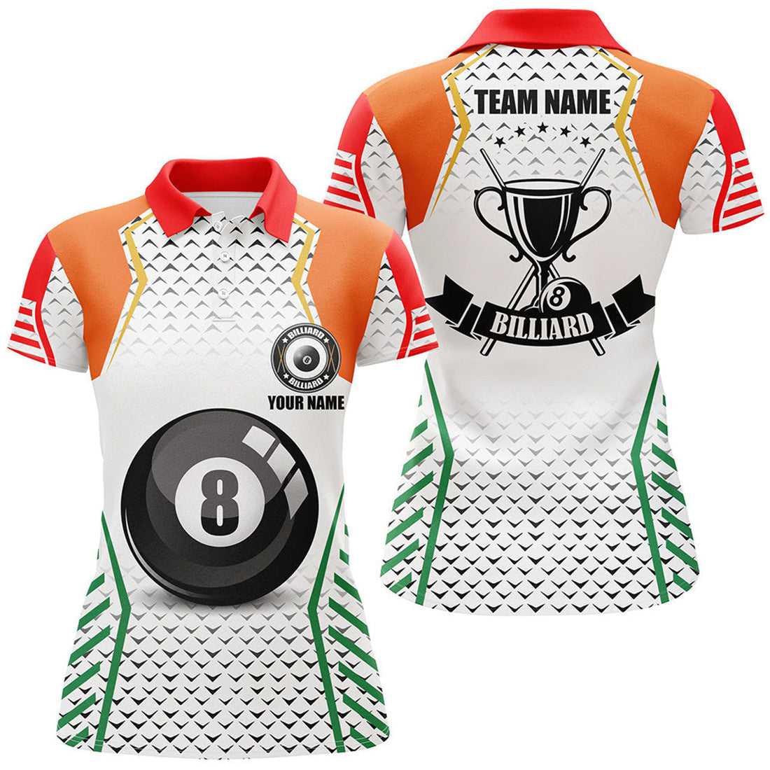 Custom Personalized Orange & Green Billiard Jerseys Polo Shirts For Women, 8 Ball Pool Billiard Uniform