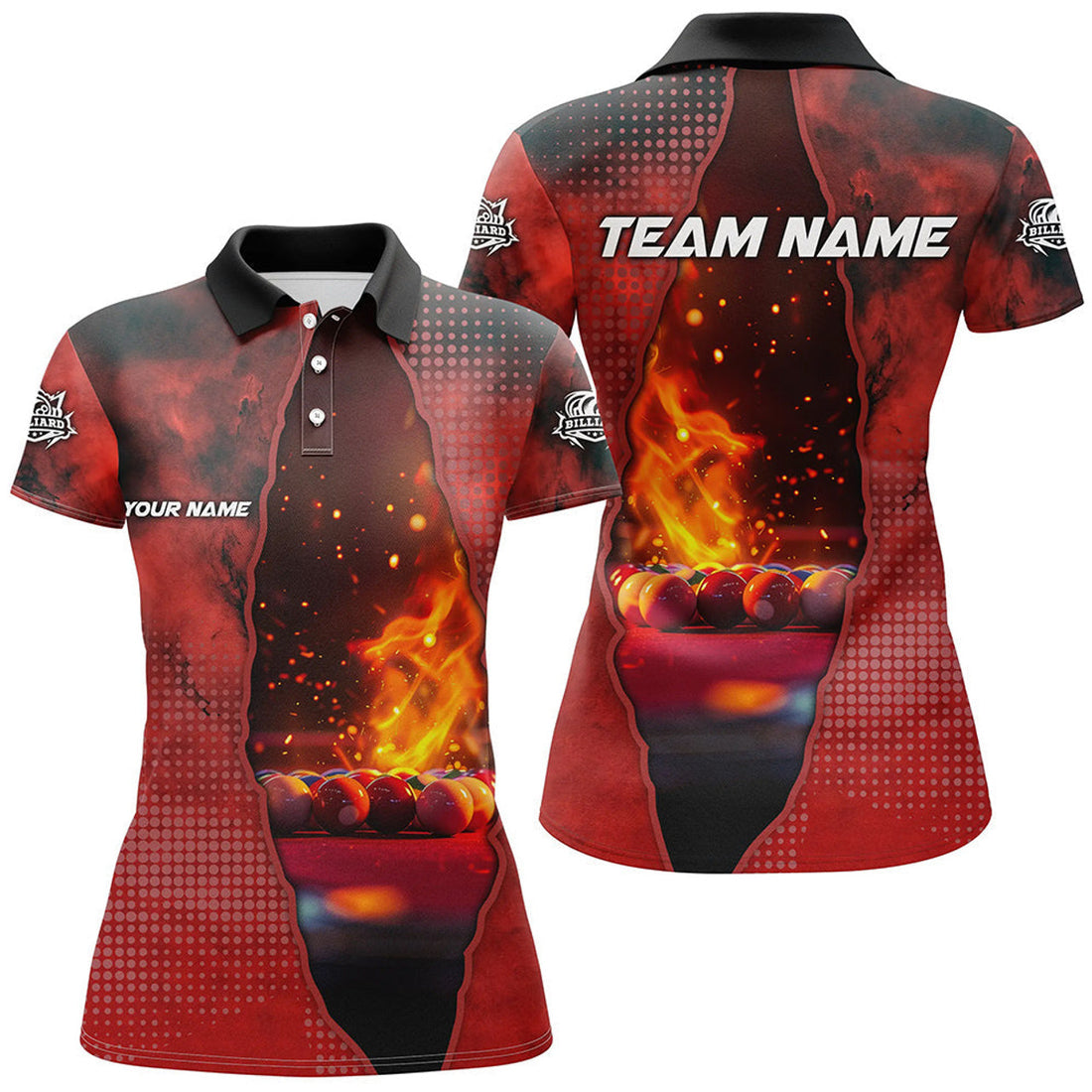 Custom Red Billiard Balls Fire 3D Printed Women Polo Shirts, Billiards Apparel Clothing