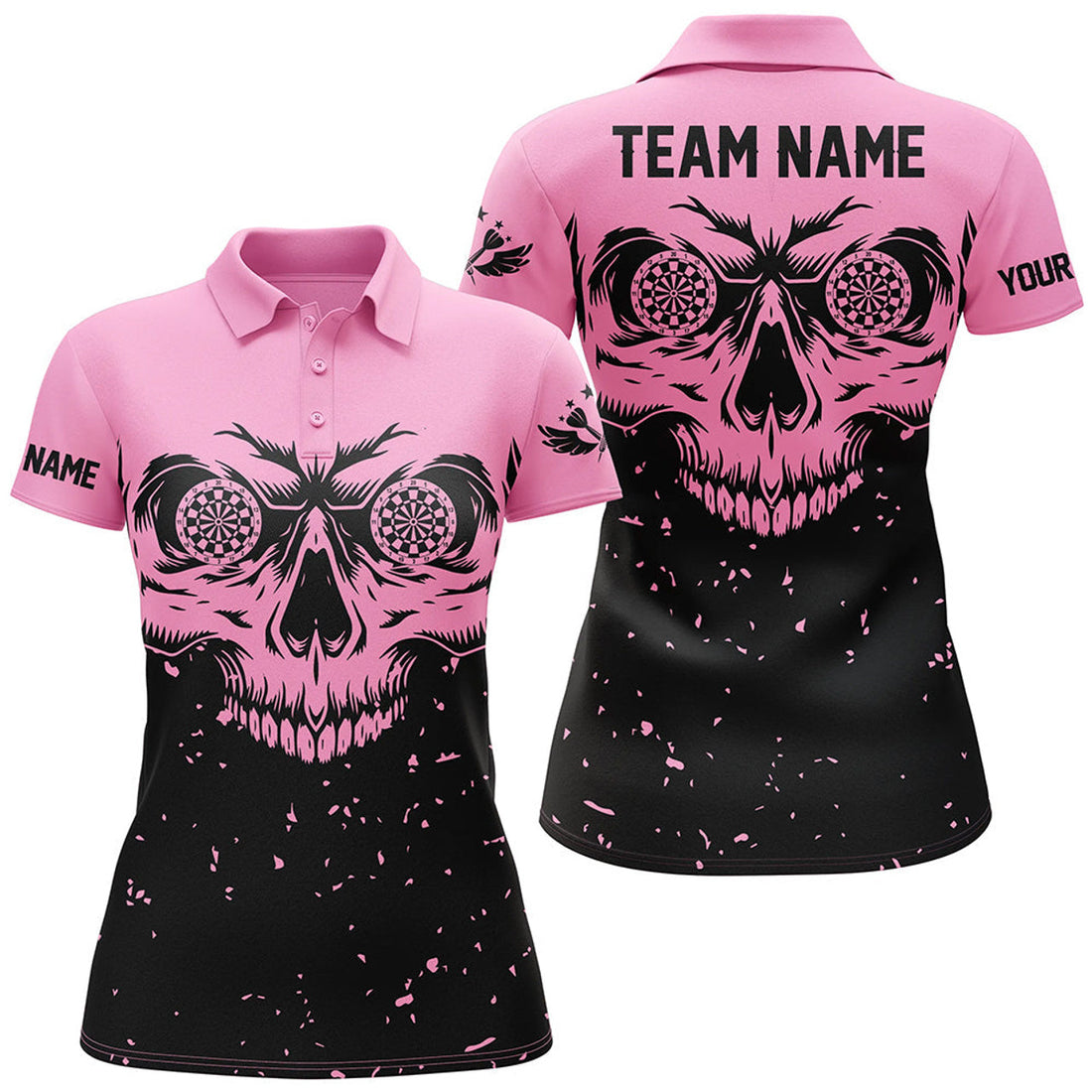 Customized Grunge Pink Black Skull Darts Women Polo Shirts, Team League Darts Shirts