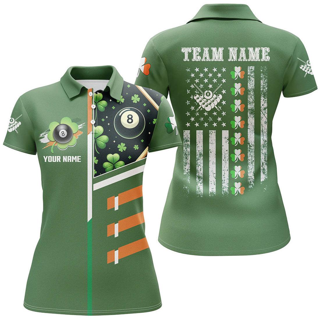 Custom St Patrick's Day American Flag Custom Women Billiard Polo Shirts, Green Patrick Billiard Shirts
