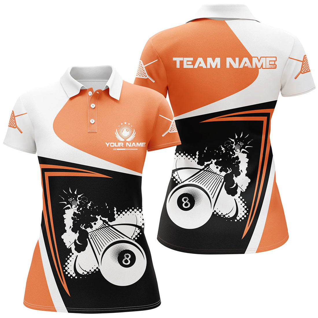 Custom Orange Billiards Boom 8 Ball Custom Name Polo Shirts For Women, Best Custom Funny Billiards Shirts