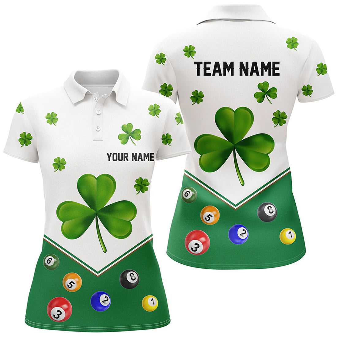 Custom Billiard St Patrick's Day Custom Green Clover Women Polo Shirts, Lucky Billiard Apparel For Player