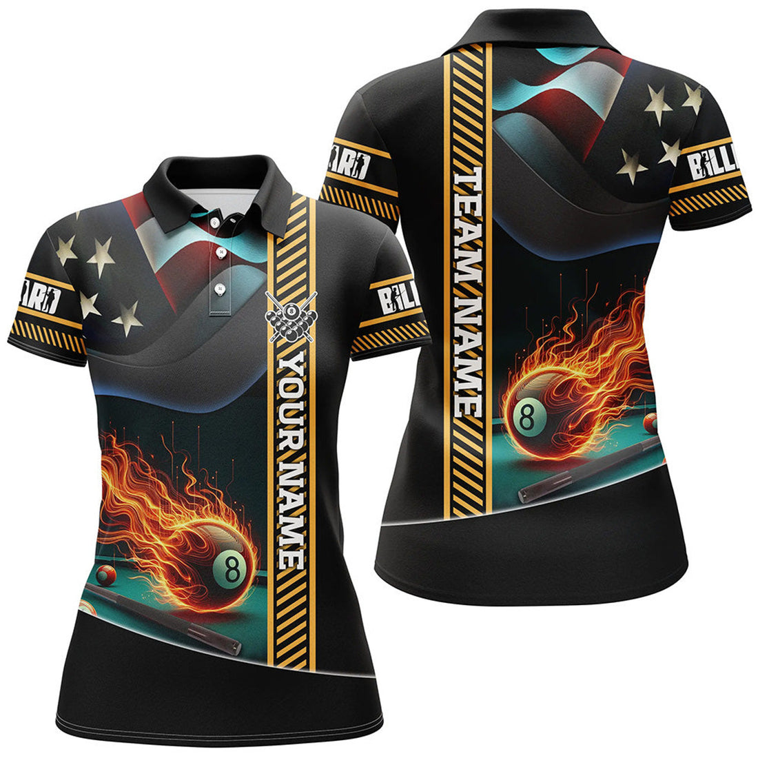Custom Personalized American Flag Flaming 8 Ball Pool Women Polo Shirts, Patriotic Billiard Attire Jerseys
