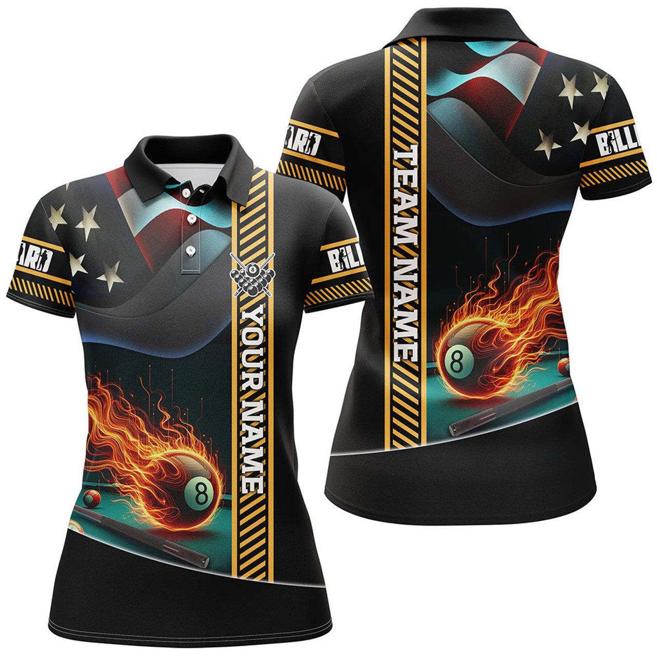 Custom Personalized American Flag Flaming 8 Ball Pool Women Polo Shirts, Patriotic Billiard Attire Jerseys