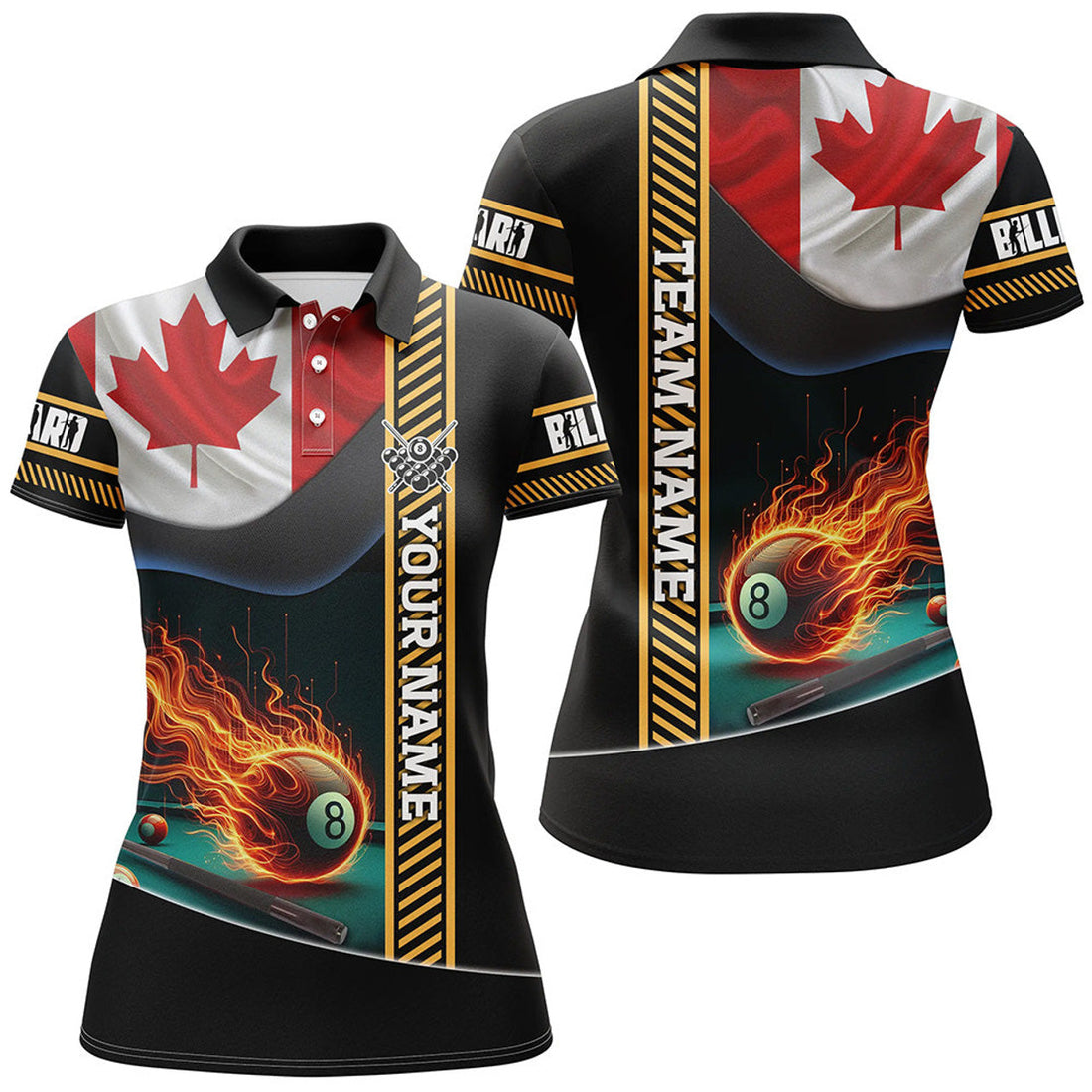Custom Personalized Canada Flag Flaming 8 Ball Pool Women Polo Shirts, Patriotic Billiard Attire Jerseys