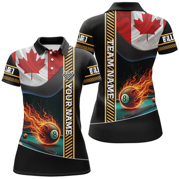 Custom Personalized Canada Flag Flaming 8 Ball Pool Women Polo Shirts, Patriotic Billiard Attire Jerseys