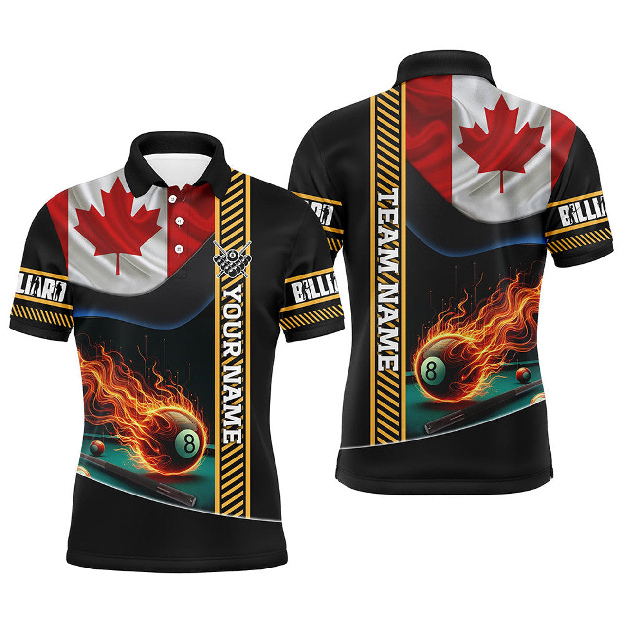 FUNSTUFFPRINT Personalized Canada Flag Flaming 8 Ball Pool Men Polo Shirts, Patriotic Billiard Attire Jerseys