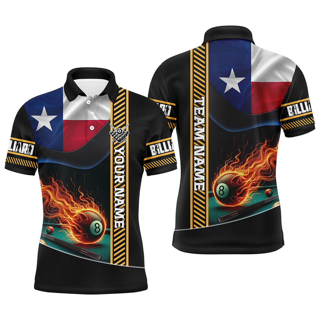 Personalized Texas Flag Flaming 8 Ball Pool Men Polo Shirts, Patriotic Billiard Attire Jerseys