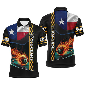 Personalized Texas Flag Flaming 8 Ball Pool Men Polo Shirts, Patriotic Billiard Attire Jerseys