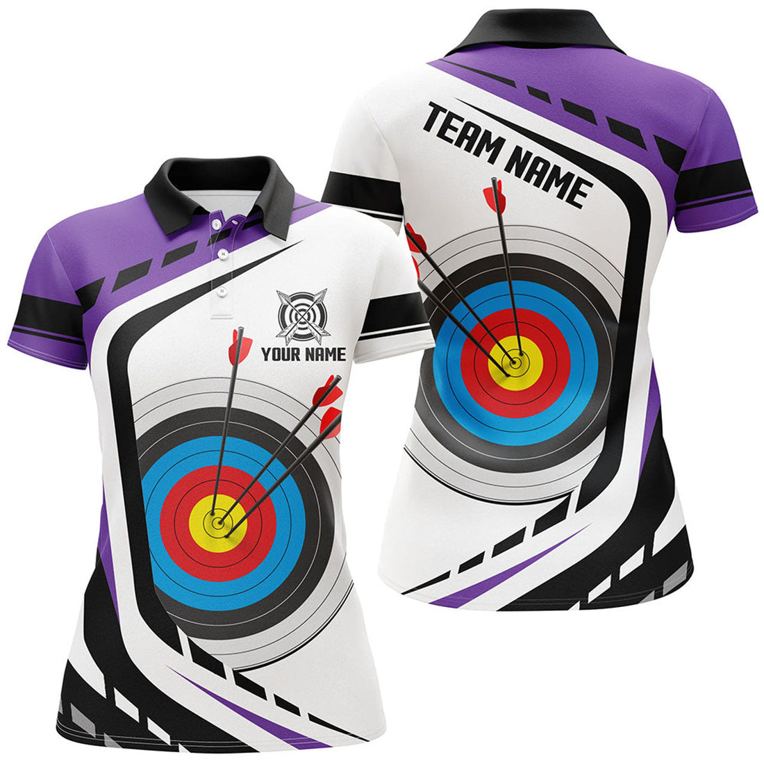 Custom Personalized Archery Target 3D Women Polo Shirts Custom Purple White Archery Jerseys