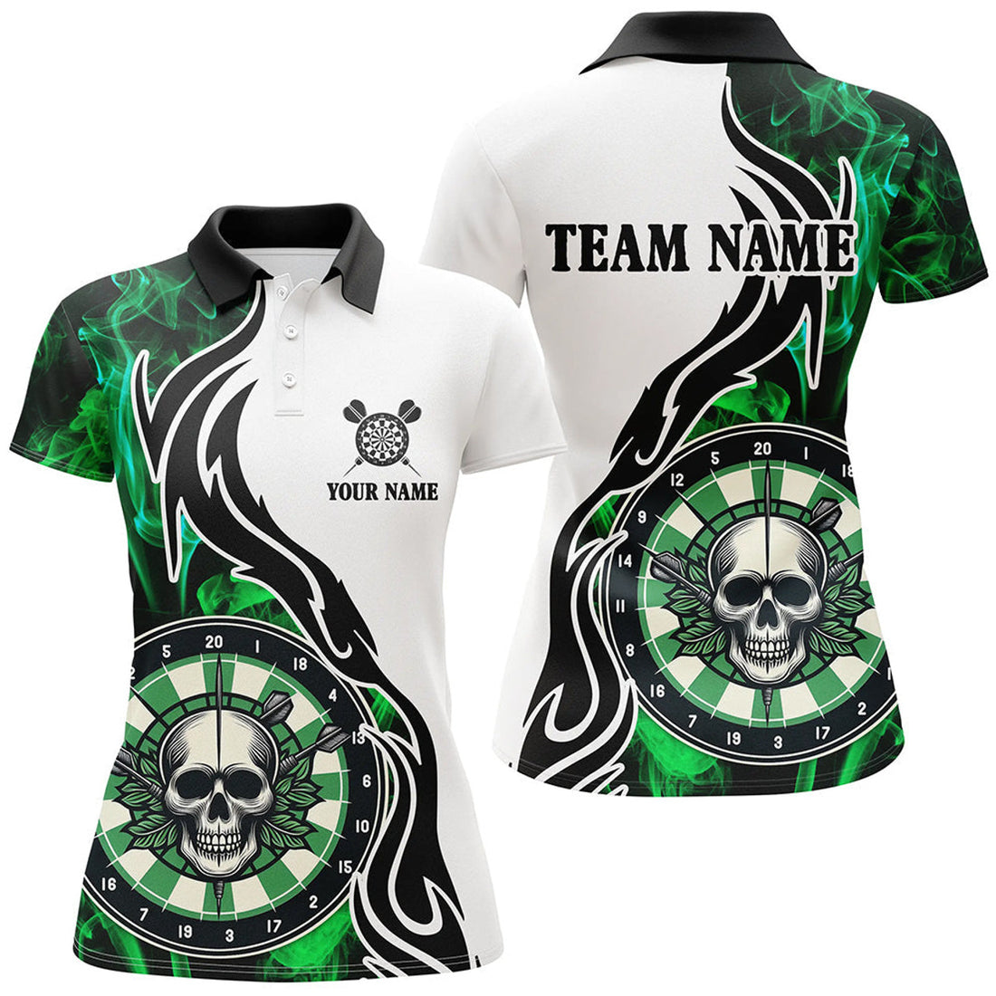 Custom Green Darts Board Smoke Custom Women Darts Polo Shirts, Skull Darts Team Jerseys