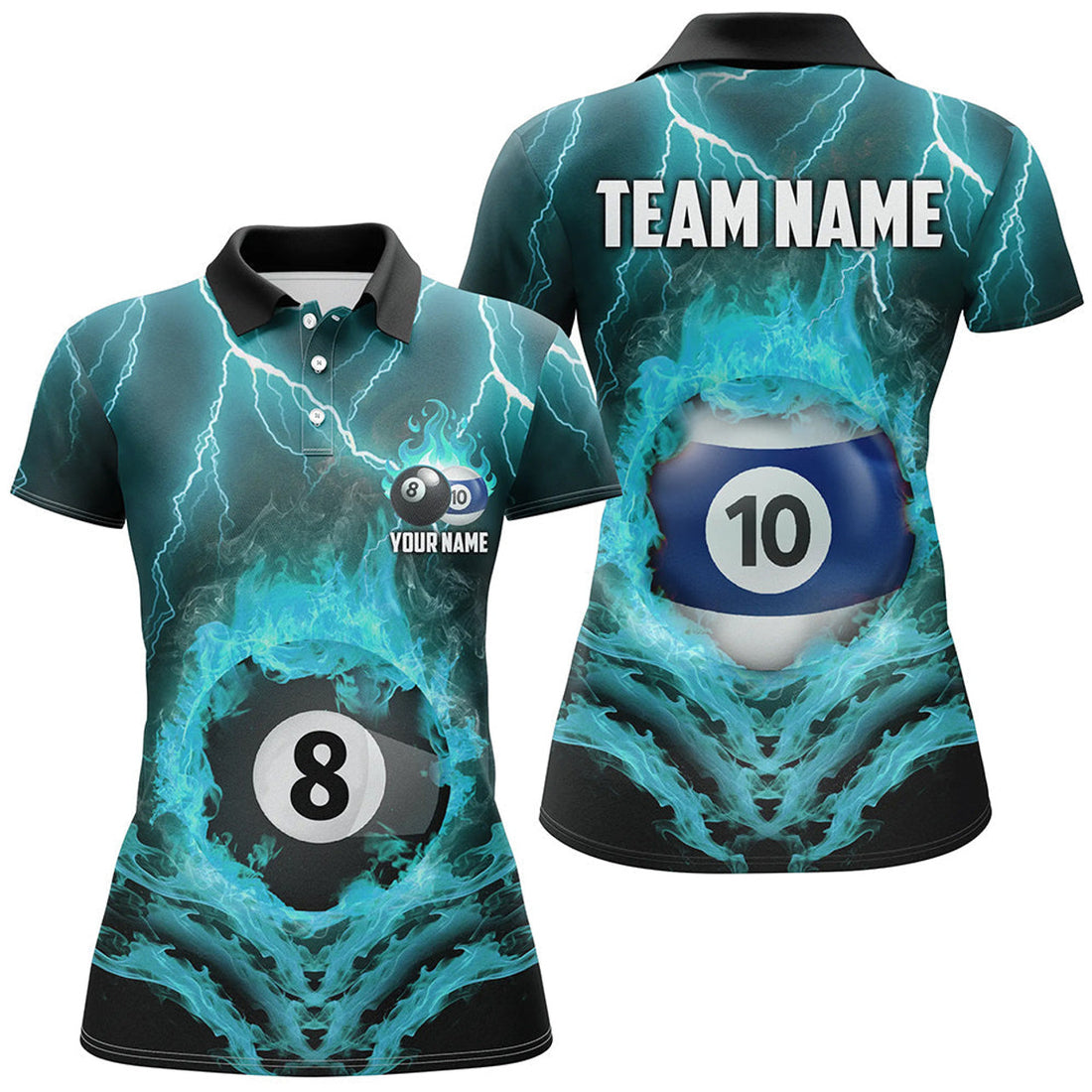 Custom Billiard 8 & 10 Ball Fire Lightning Women Polo, Custom Billiard Jersey |Turquoise