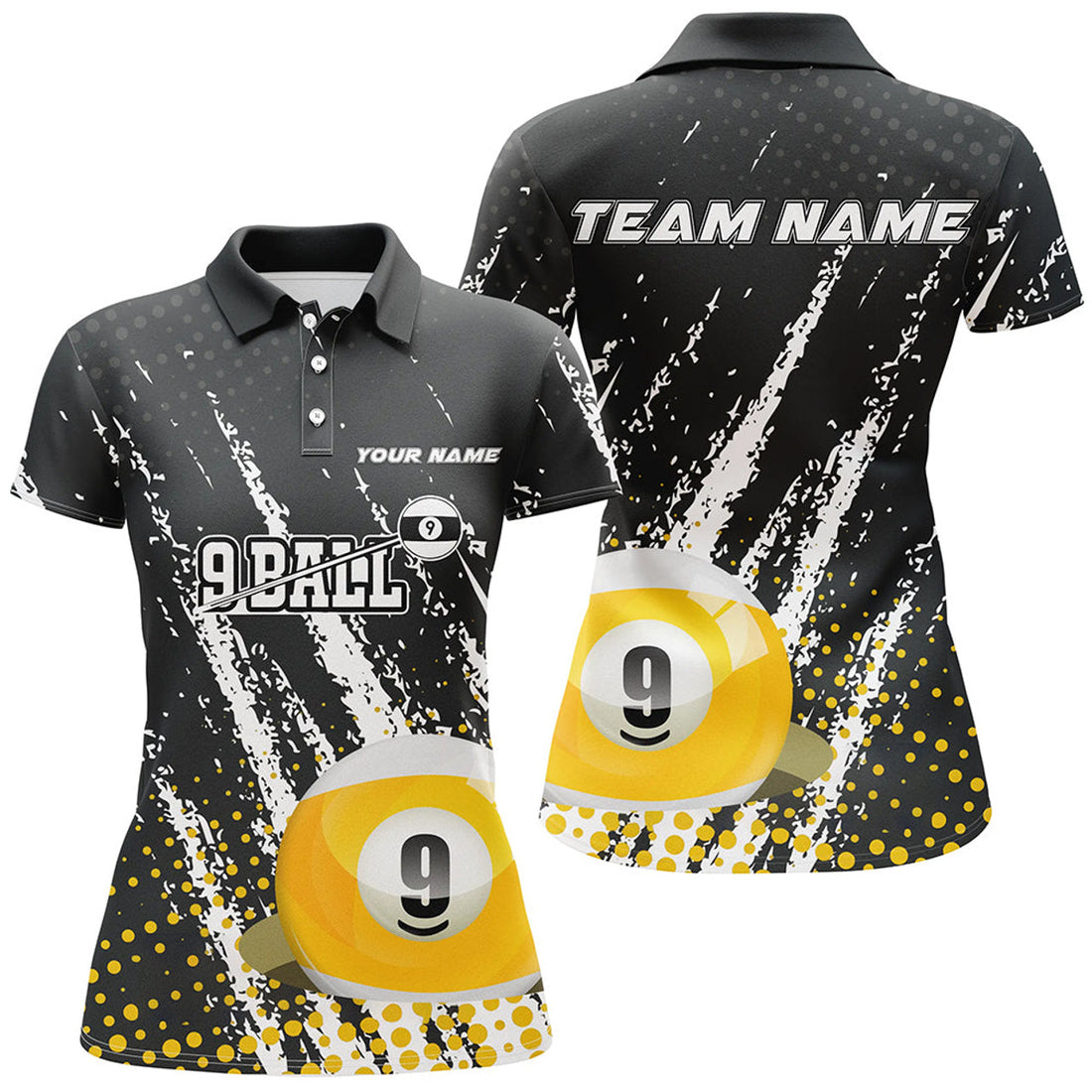 Custom Grunge 9 Ball Pool Sport Jerseys Customized Women Billiard Polo Shirts, 9 Ball Billiards Team Jerseys