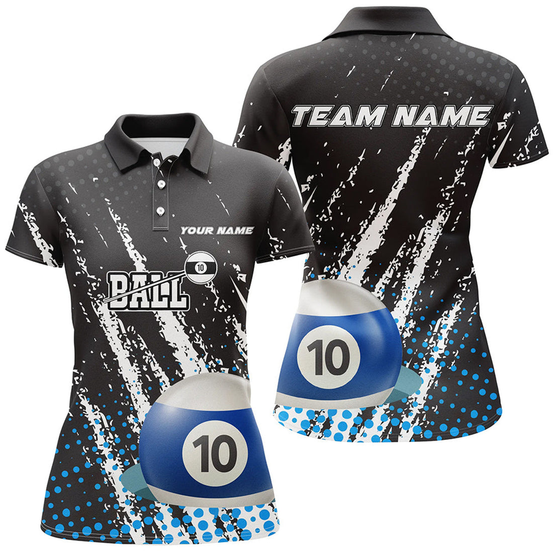 Custom Grunge 10 Ball Pool Sport Jerseys Custom Women Billiard Polo Shirts, 10 Ball Billiards Team Jerseys