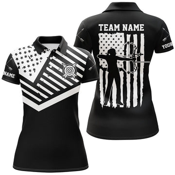 Custom Personalized Black White Us Flag Archery Polo Shirts For Women Custom Archery Shirts For Patriot