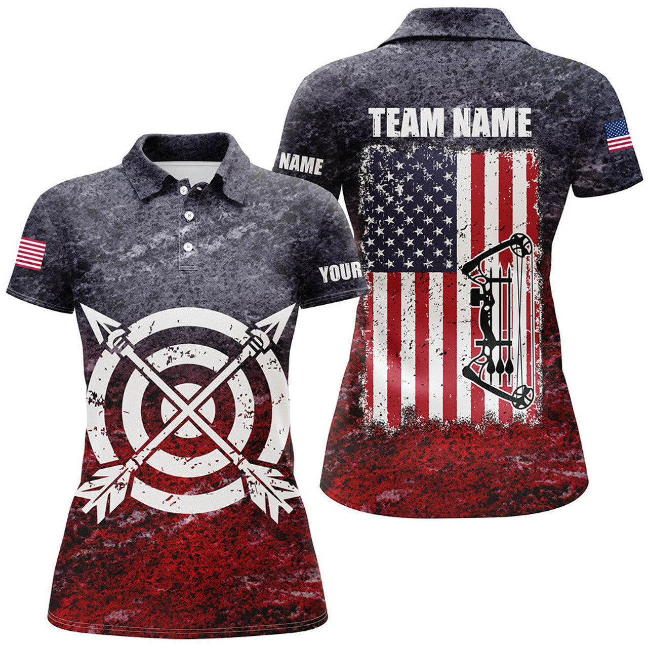 Custom Personalized Retro USA Flag Women Archery Polo Shirts, Patriotic US Archery Jerseys For Team Archer
