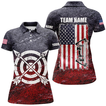 Custom Personalized Retro USA Flag Women Archery Polo Shirts, Patriotic US Archery Jerseys For Team Archer