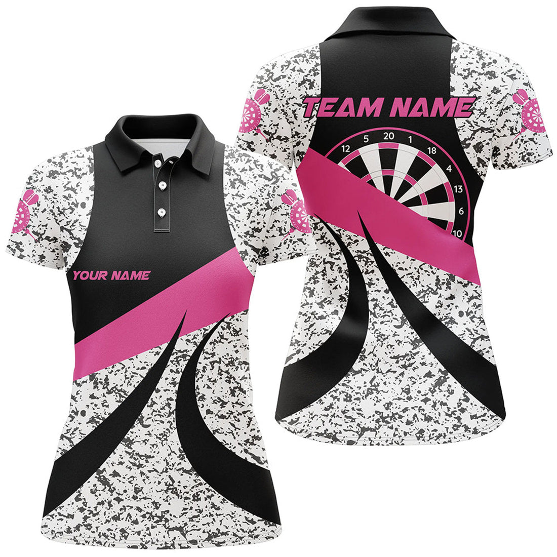 Custom Personalized Grunge Pink Darts Polo Shirts For Women, Unique Darts Team Jerseys Attire