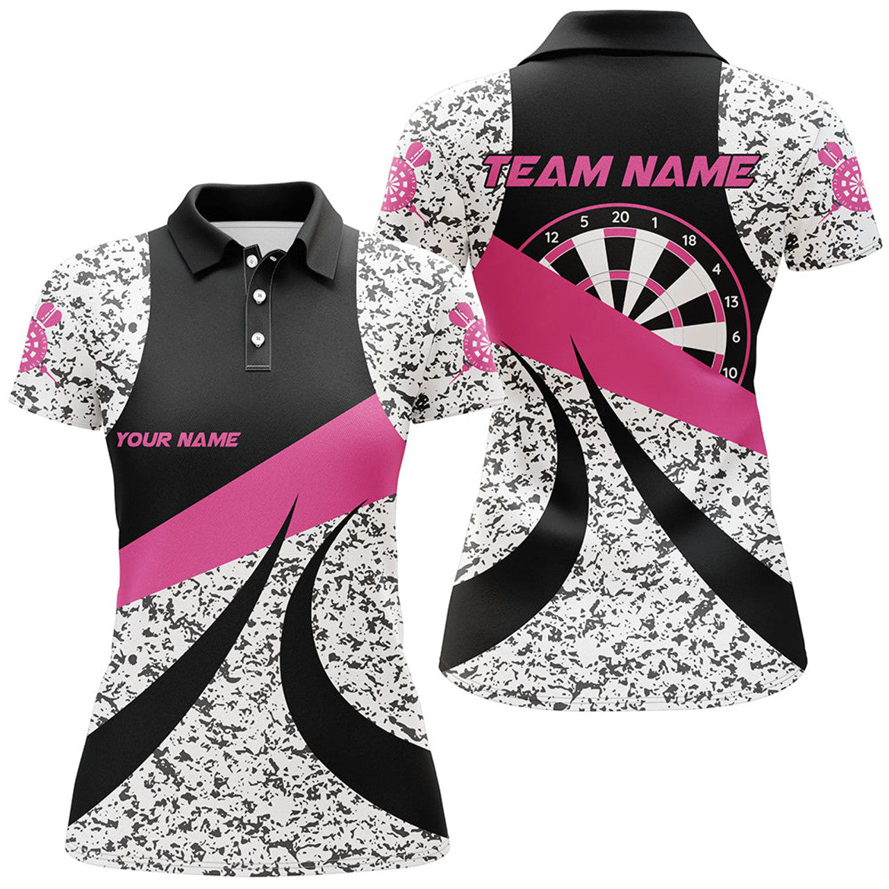 Custom Personalized Grunge Pink Darts Polo Shirts For Women, Unique Darts Team Jerseys Attire